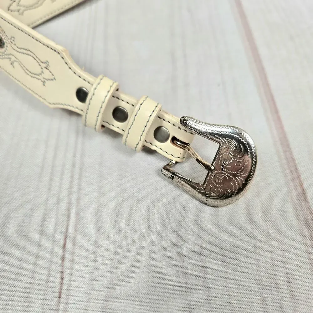 Vintage 90s Silver Creek Floral Brocade Inset Leather Western Belt White 36
